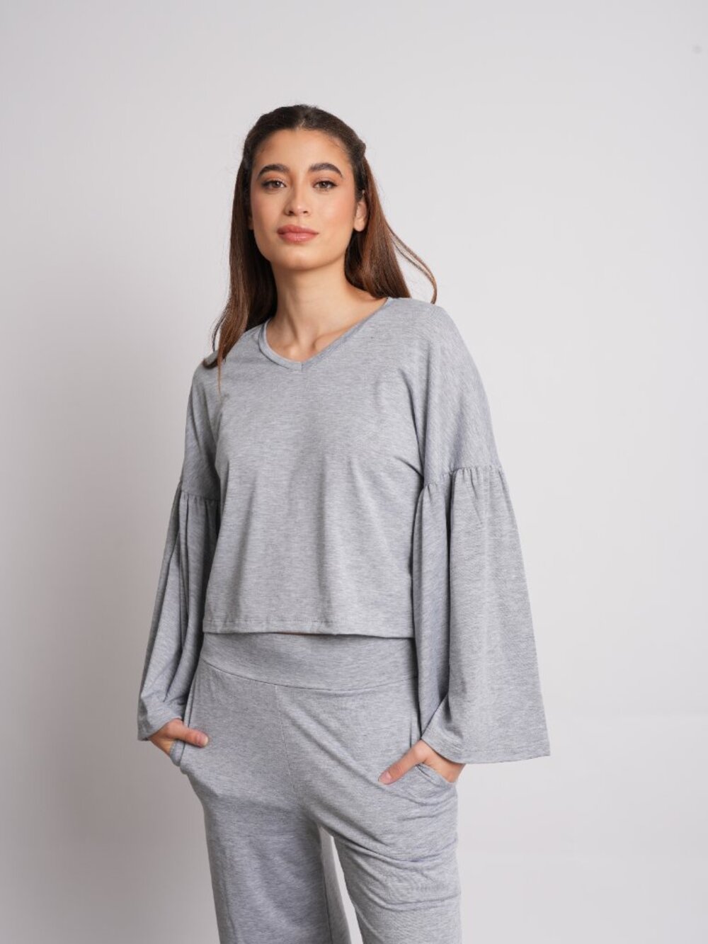 Soft Cotton Butterfly Sleeve Top gray